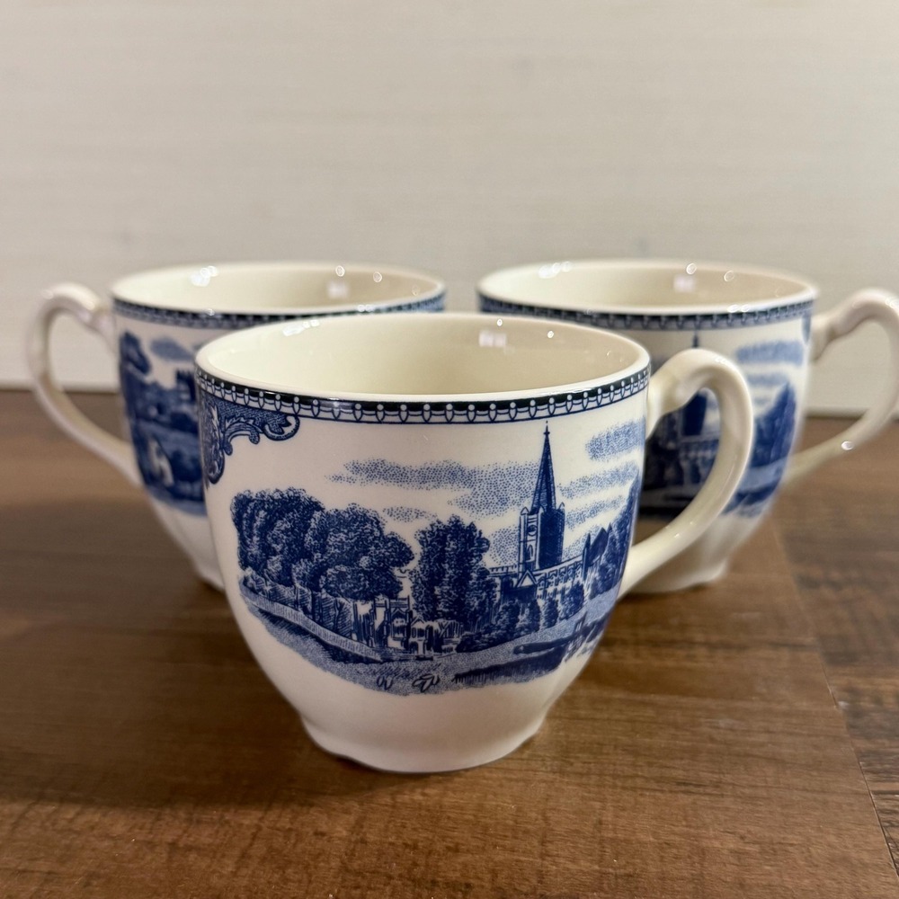Johnson Brothers Old Britain Castles 2 Teacups Stratford on Avon Blue White VTG